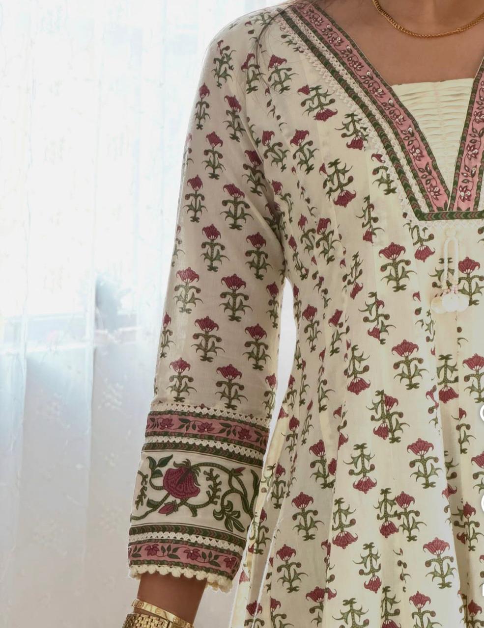 Elegant Floral Print Embroidered Anarkali Cotton Kurta Set