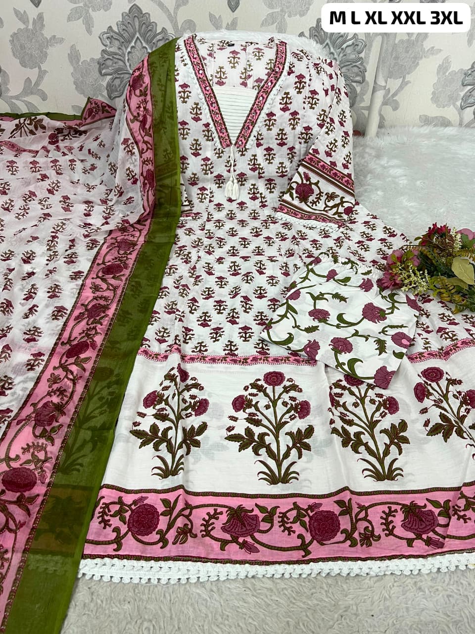 Elegant Floral Print Embroidered Anarkali Cotton Kurta Set