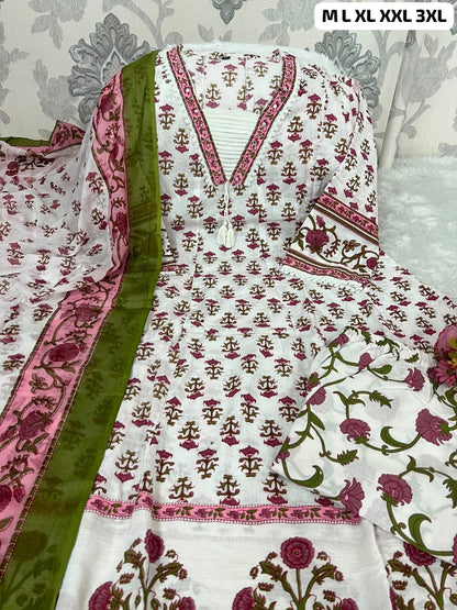 Elegant Floral Print Embroidered Anarkali Cotton Kurta Set