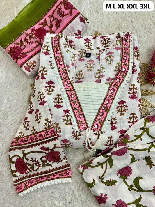 Elegant Floral Print Embroidered Anarkali Cotton Kurta Set
