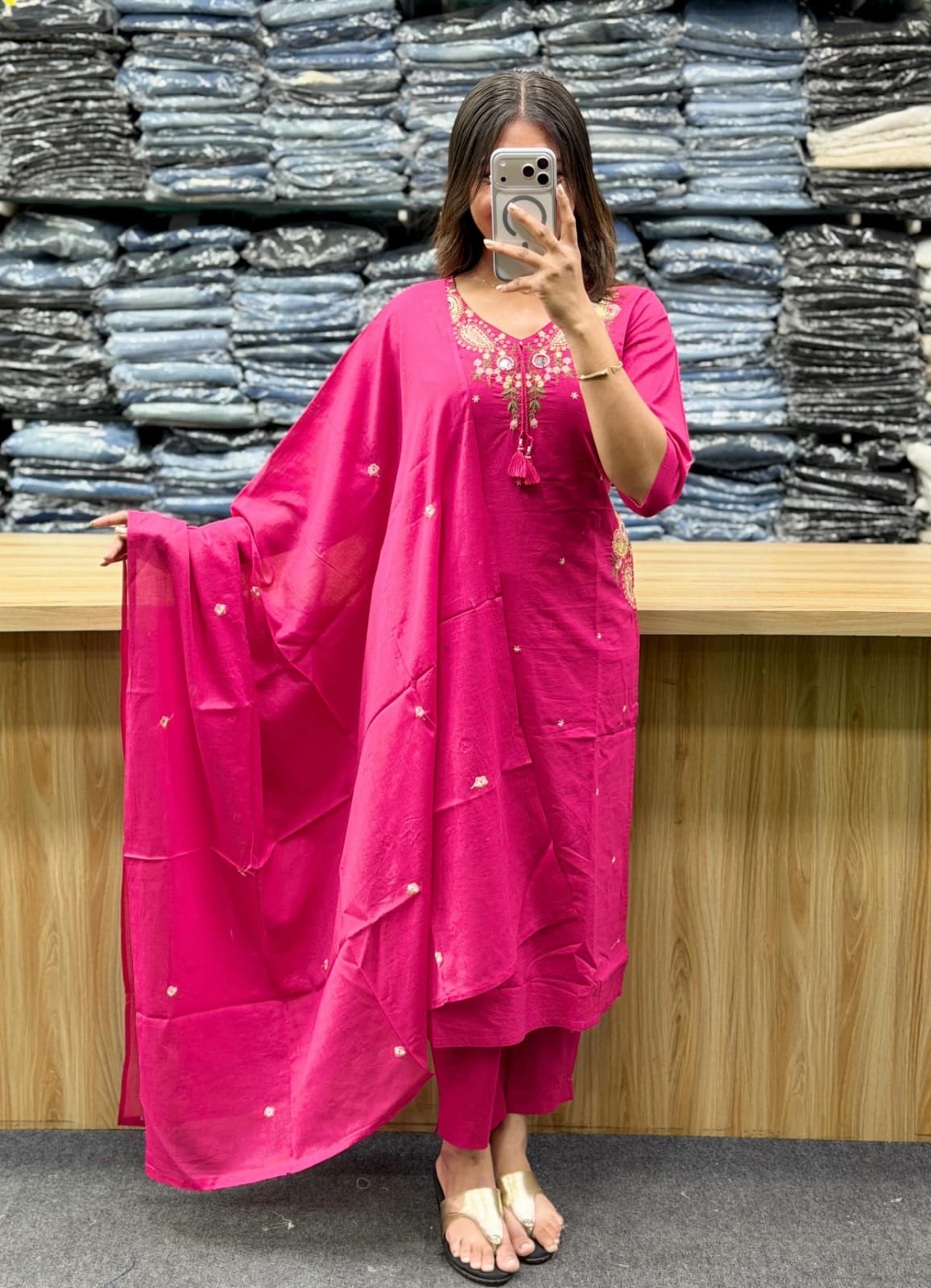 Designer Embroidered Pink Cotton Kurta Set