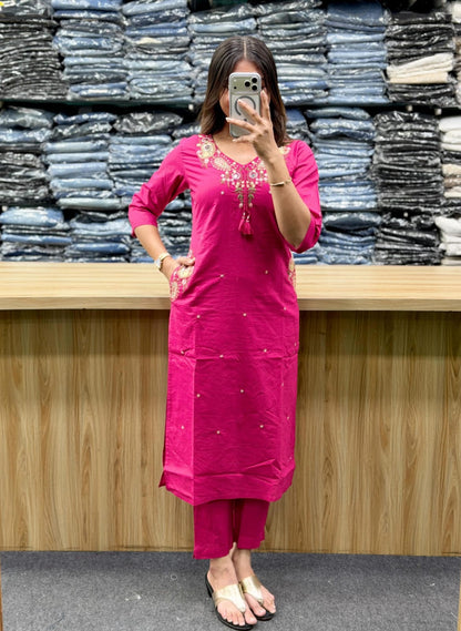 Designer Embroidered Pink Cotton Kurta Set