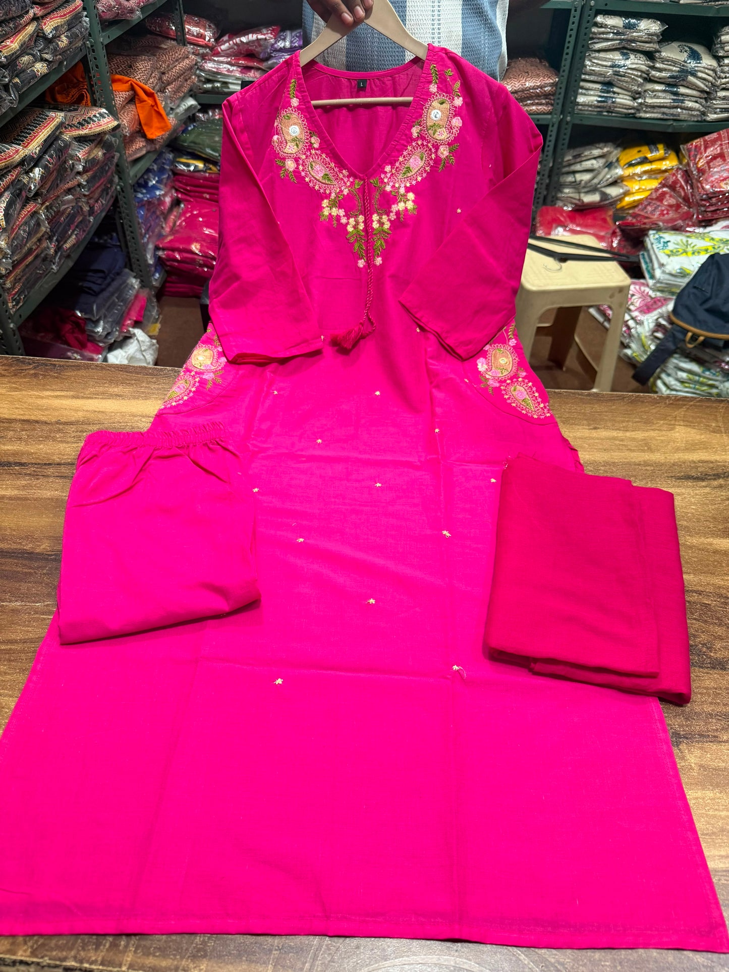 Designer Embroidered Pink Cotton Kurta Set
