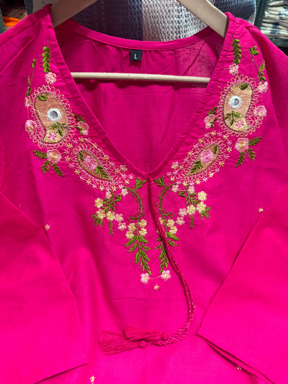 Designer Embroidered Pink Cotton Kurta Set