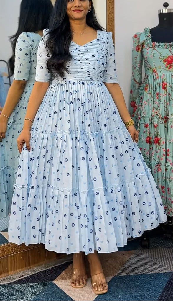 Floral Blue Chanderi Cotton Maxi Dress