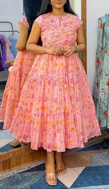 Floral Peach Chanderi Cotton Maxi Dress