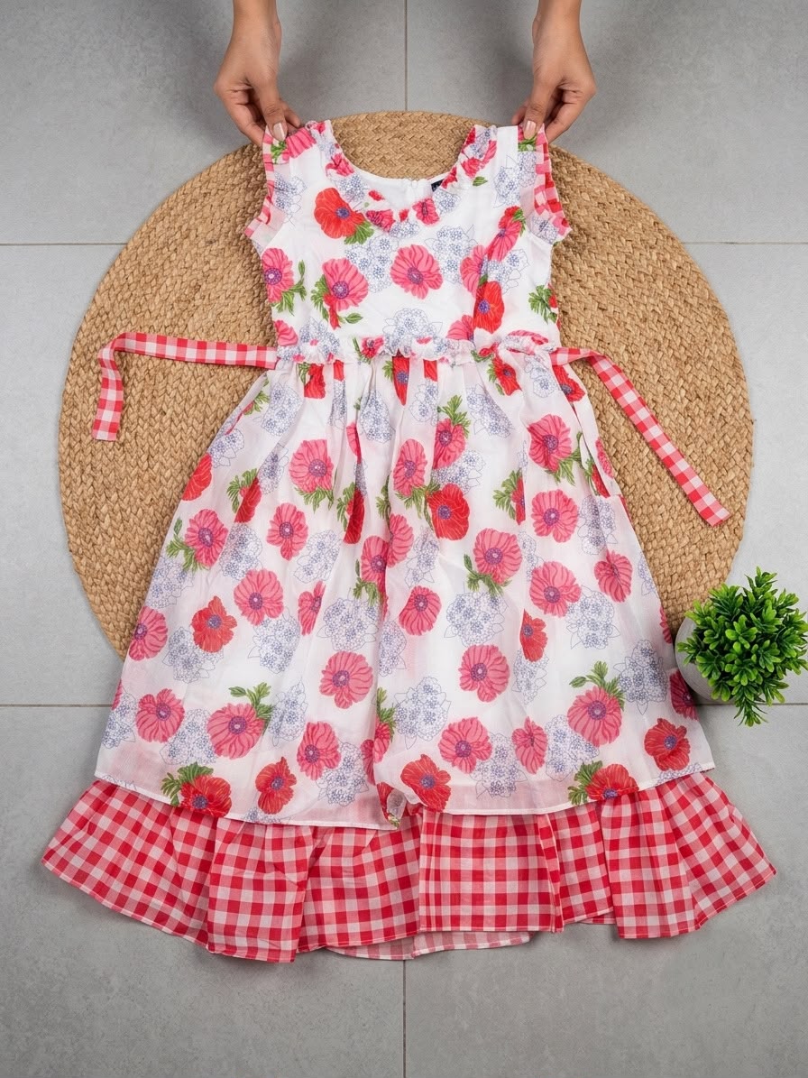 Floral Red Checks Chanderi Cotton Maxi Dress