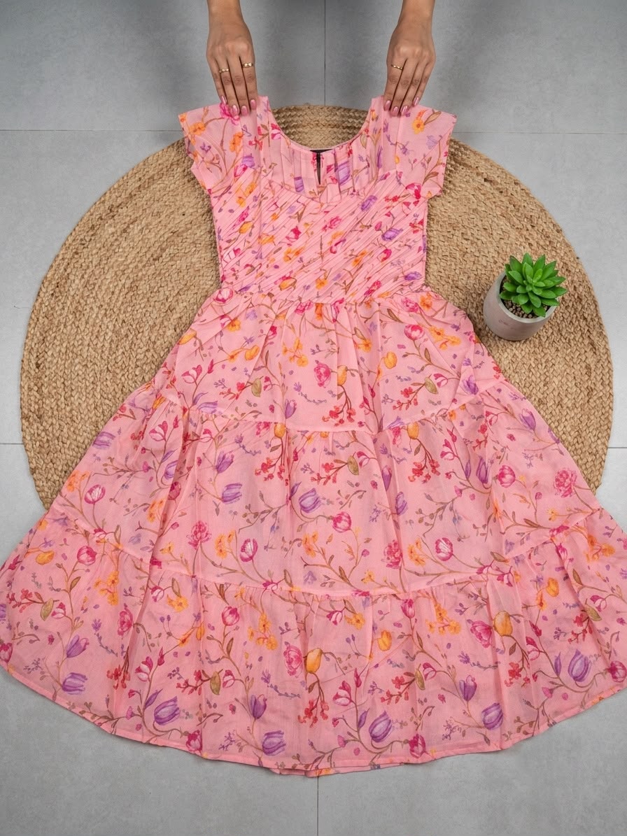 Floral Peach Chanderi Cotton Maxi Dress