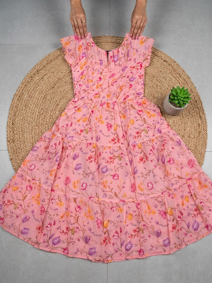 Floral Peach Chanderi Cotton Maxi Dress