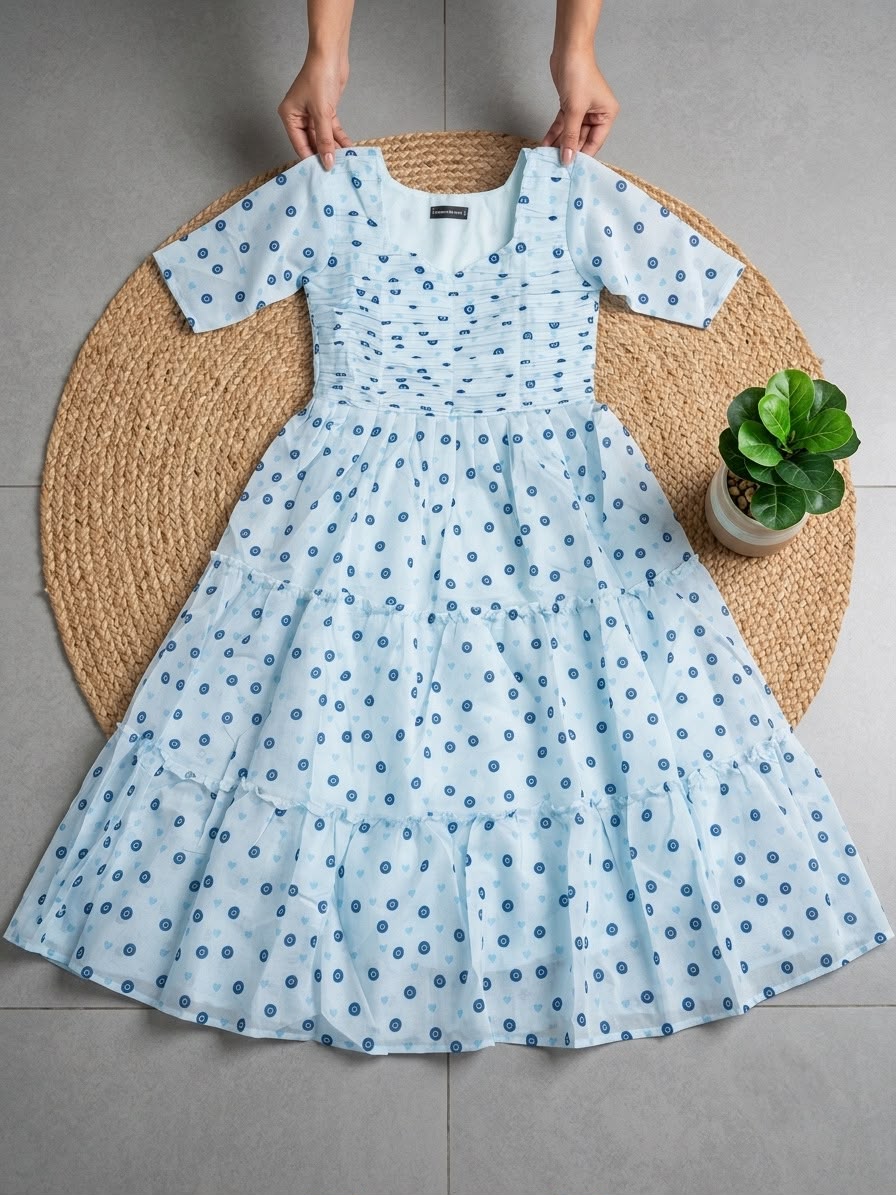Floral Blue Chanderi Cotton Maxi Dress