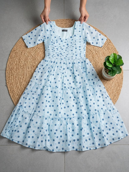 Floral Blue Chanderi Cotton Maxi Dress