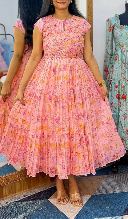 Floral Peach Chanderi Cotton Maxi Dress