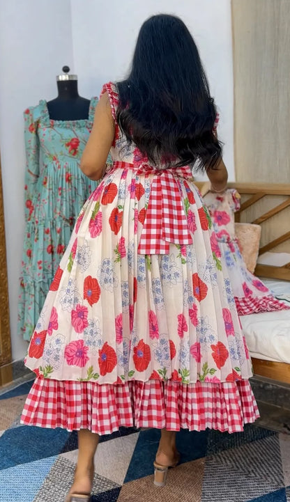 Floral Red Checks Chanderi Cotton Maxi Dress