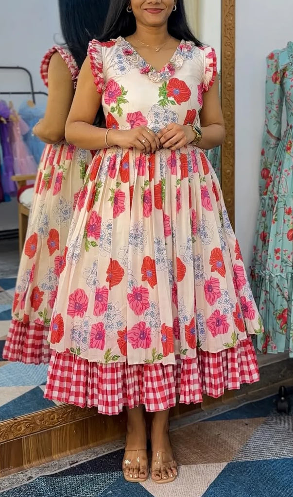 Floral Red Checks Chanderi Cotton Maxi Dress