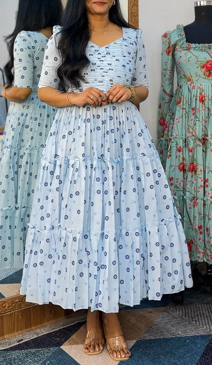 Floral Blue Chanderi Cotton Maxi Dress