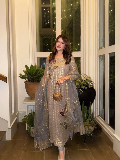 Silver Dual Sequin & Pearl Embroidered Kurti Set