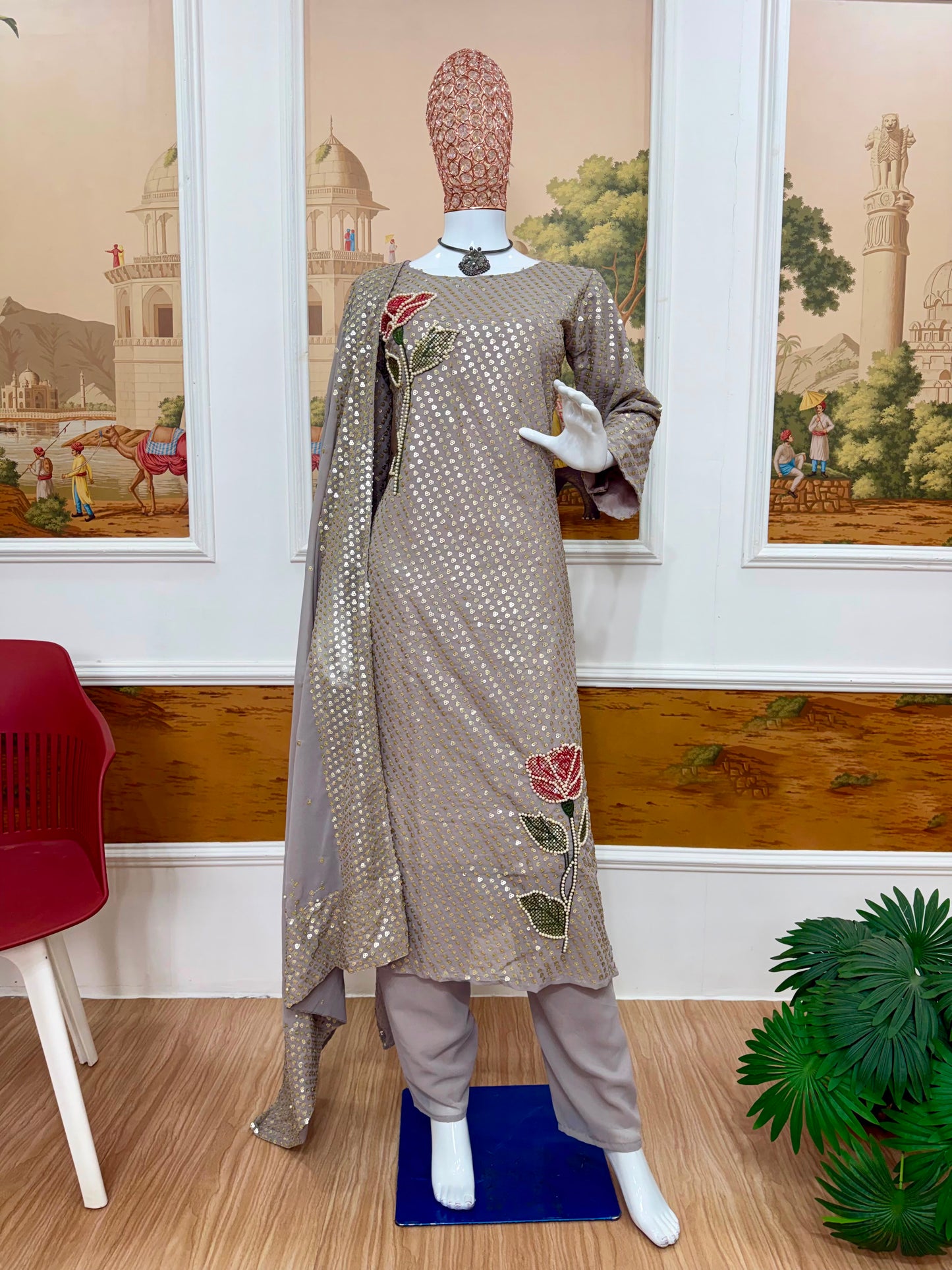 Silver Dual Sequin & Pearl Embroidered Kurti Set