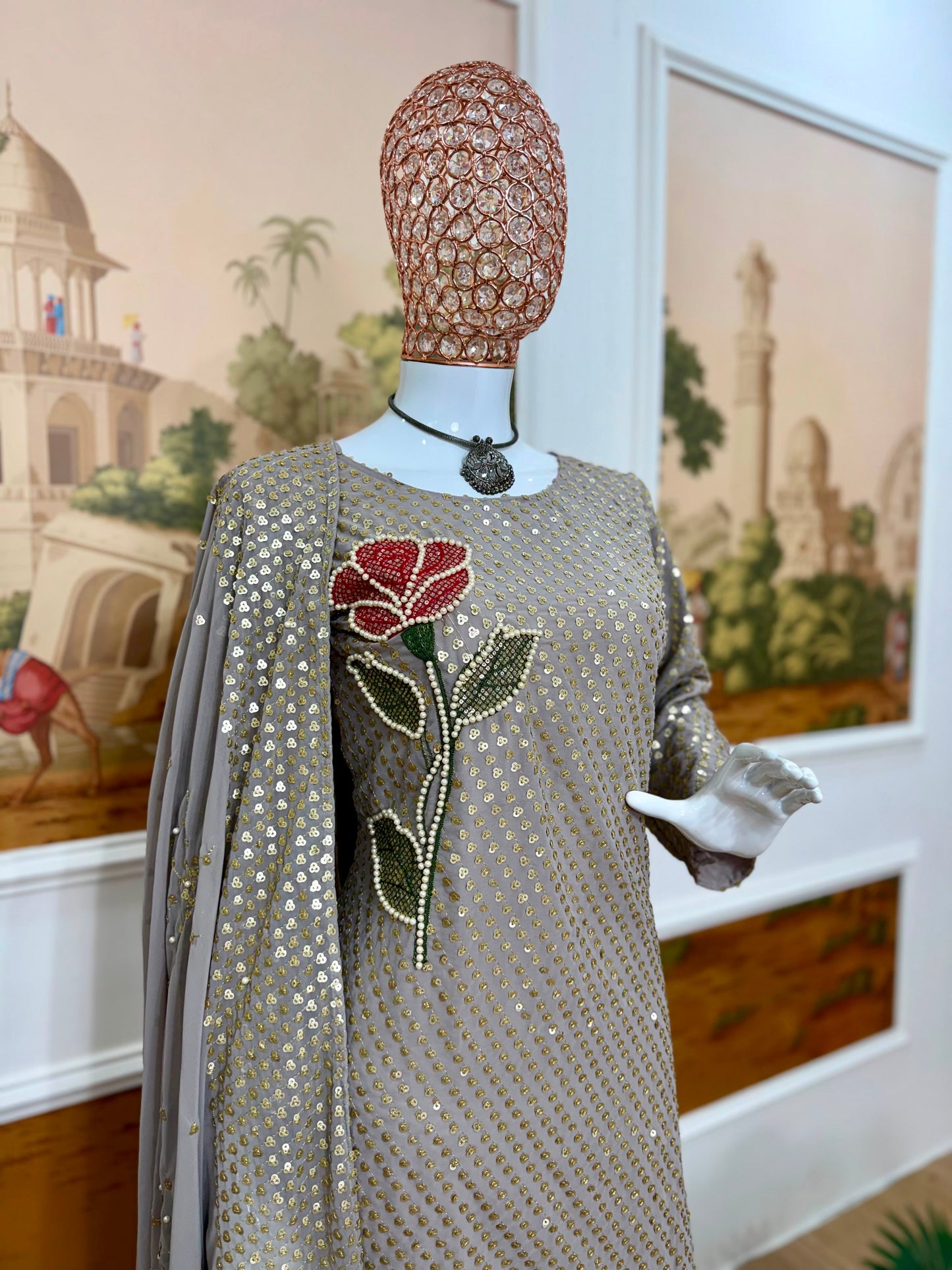 Silver Dual Sequin & Pearl Embroidered Kurti Set