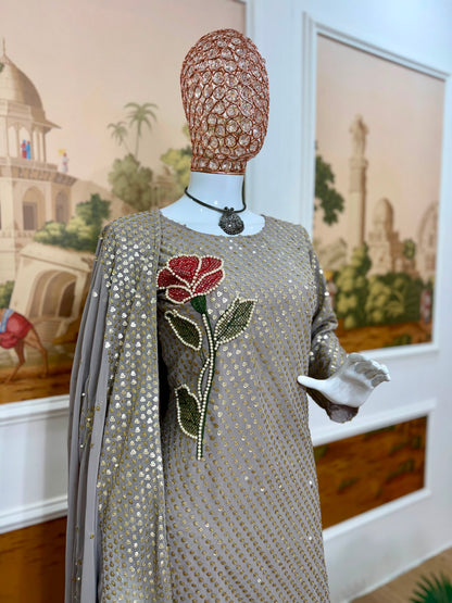 Silver Dual Sequin & Pearl Embroidered Kurti Set