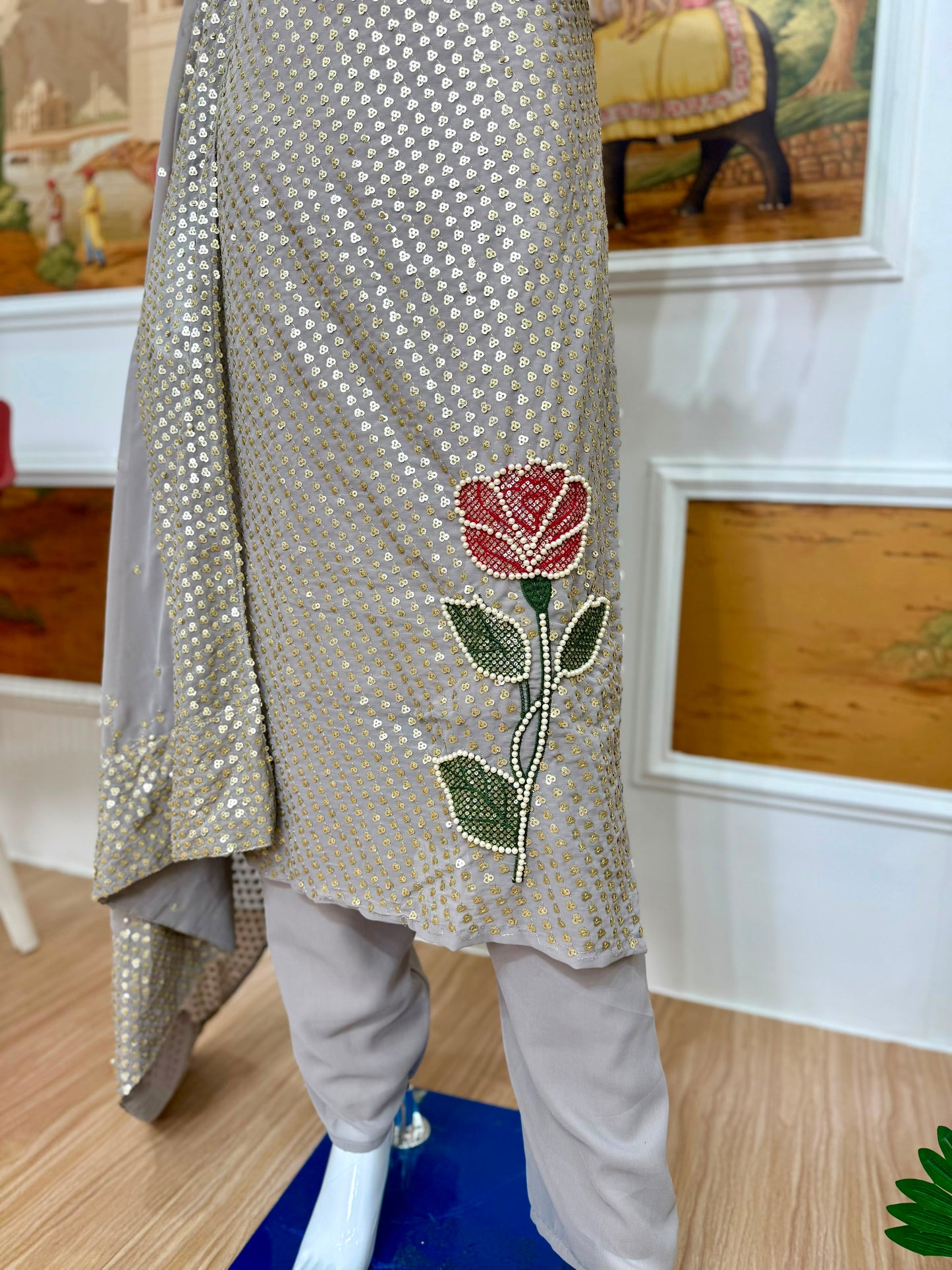 Silver Dual Sequin & Pearl Embroidered Kurti Set