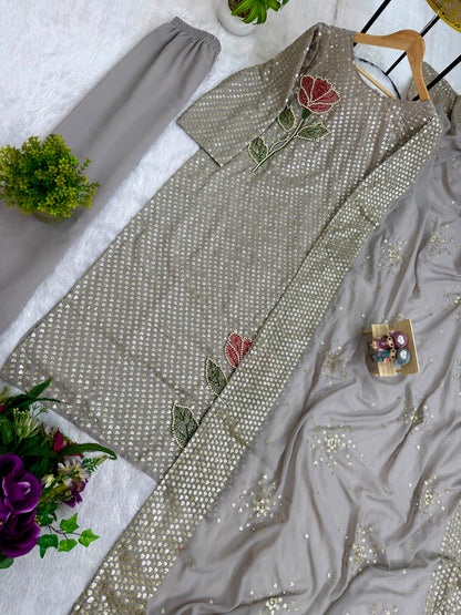 Silver Dual Sequin & Pearl Embroidered Kurti Set