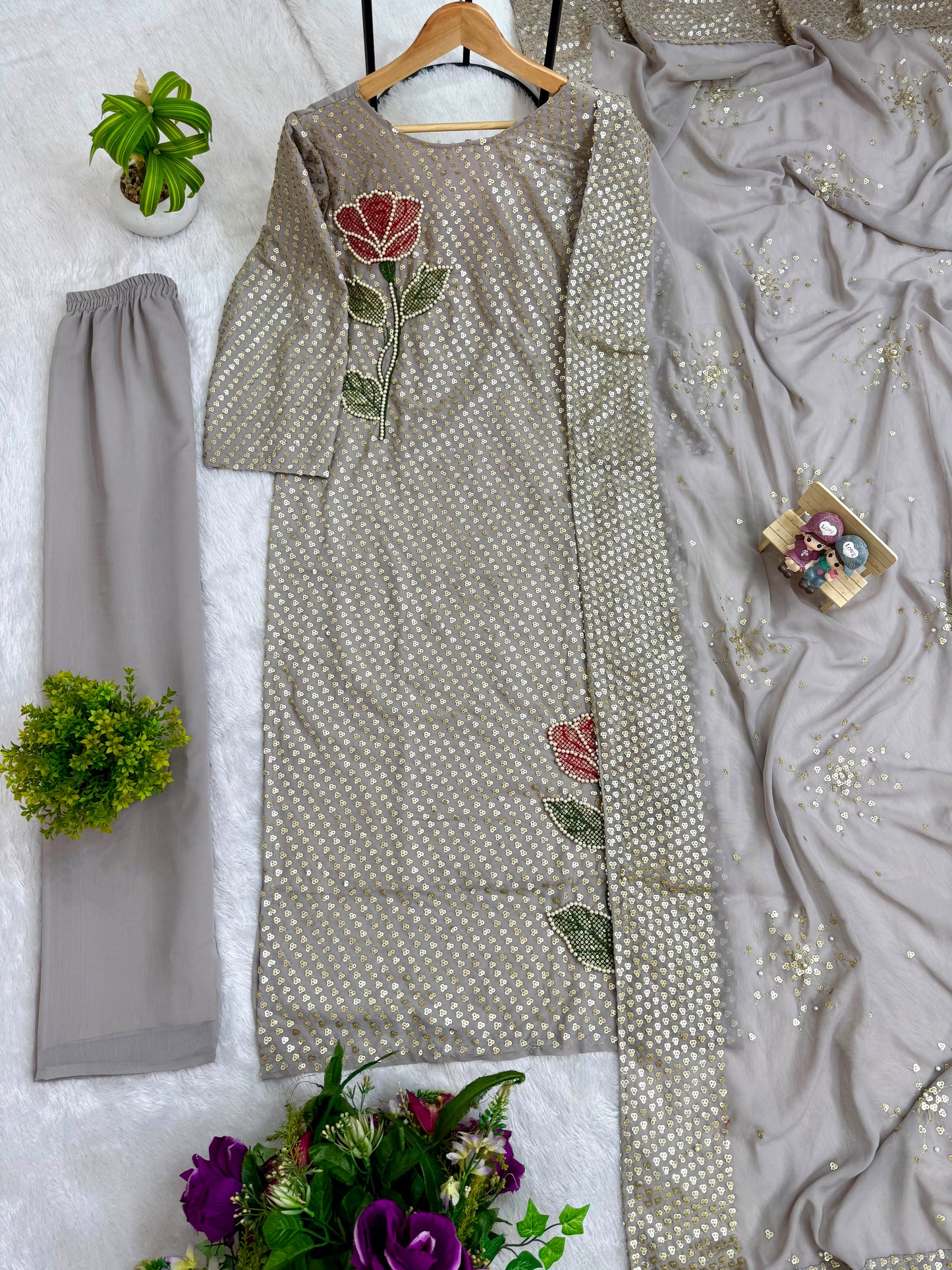 Silver Dual Sequin & Pearl Embroidered Kurti Set