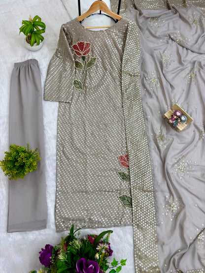 Silver Dual Sequin & Pearl Embroidered Kurti Set