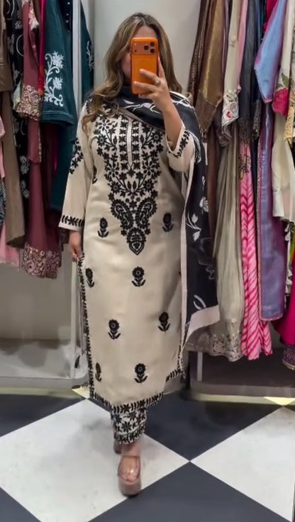 Designer Embroidered Suit Set With Printed Dupatta