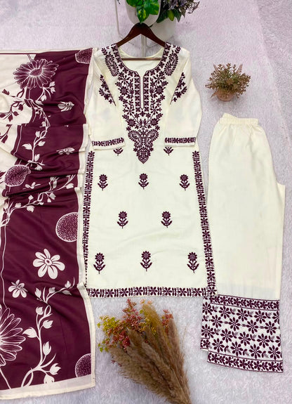 Designer Embroidered Suit Set With Printed Dupatta