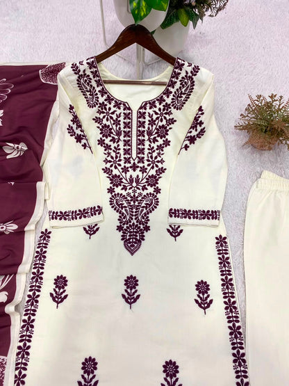 Designer Embroidered Suit Set With Printed Dupatta