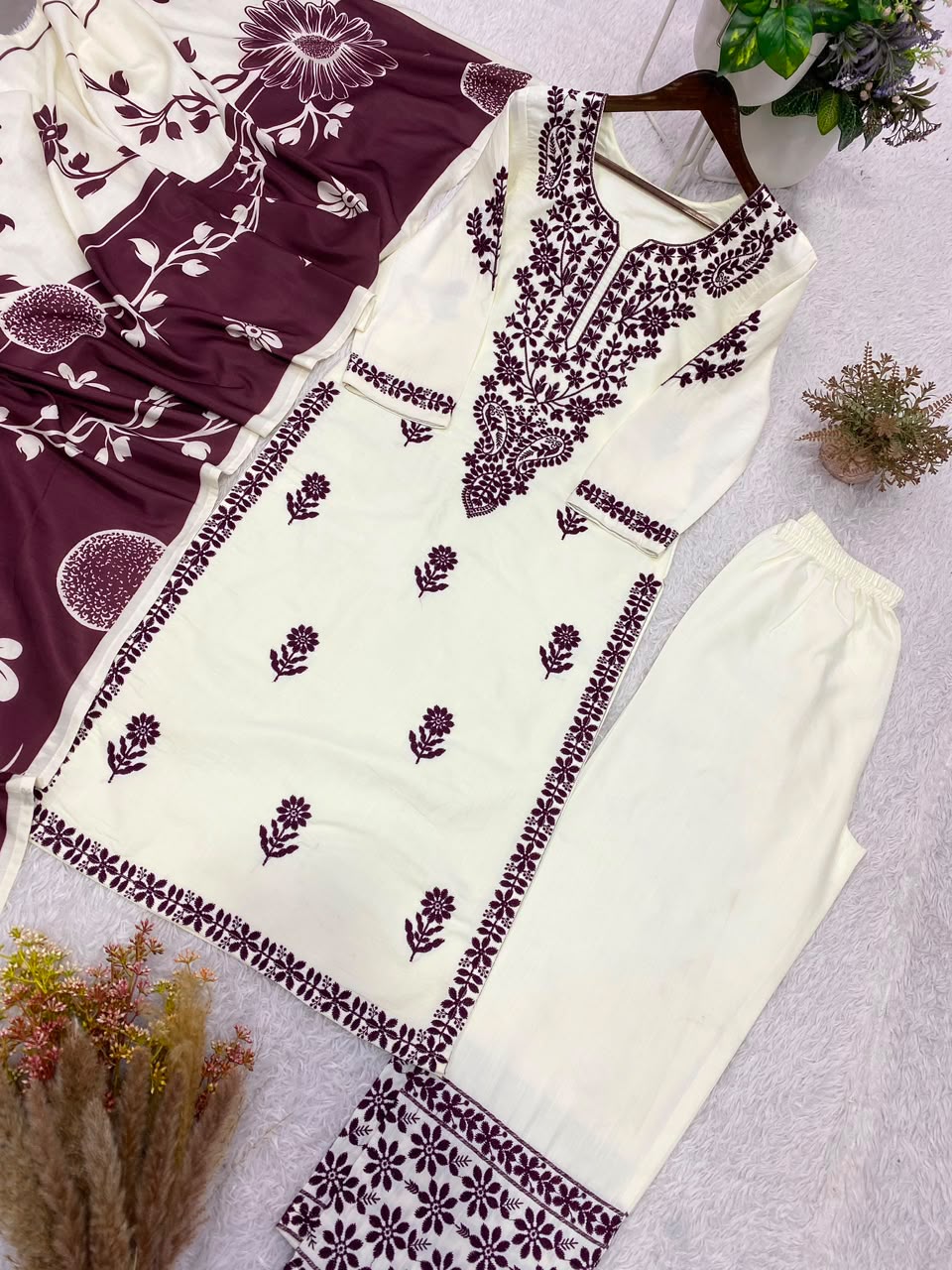 Designer Embroidered Suit Set With Printed Dupatta