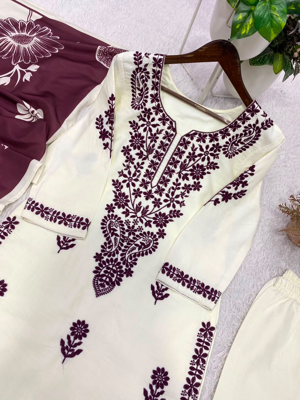 Designer Embroidered Suit Set With Printed Dupatta