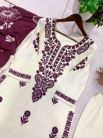 Designer Embroidered Suit Set With Printed Dupatta