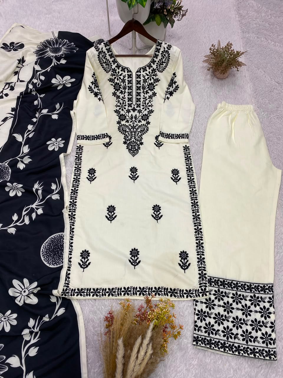 Designer Embroidered Suit Set With Printed Dupatta