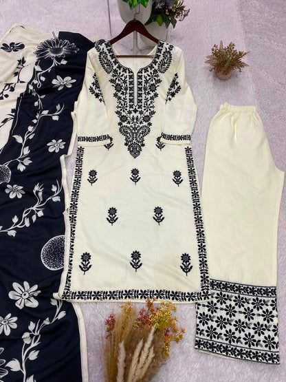 Designer Embroidered Suit Set With Printed Dupatta