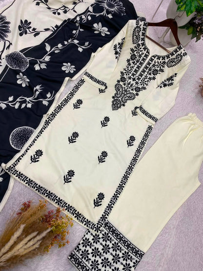 Designer Embroidered Suit Set With Printed Dupatta