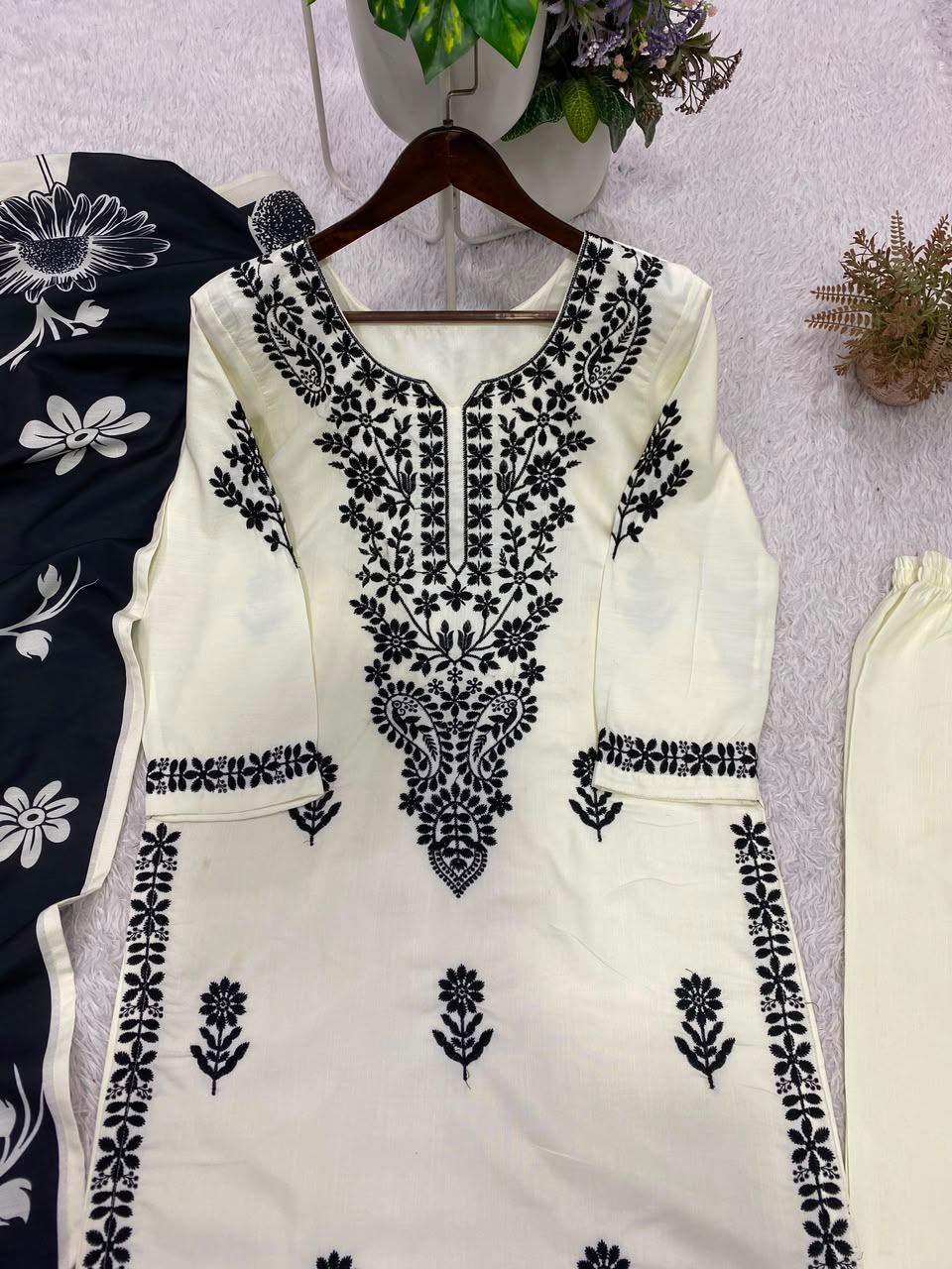 Designer Embroidered Suit Set With Printed Dupatta