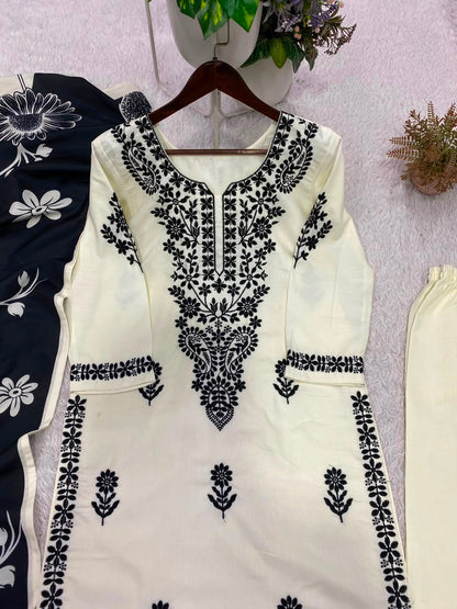 Designer Embroidered Suit Set With Printed Dupatta