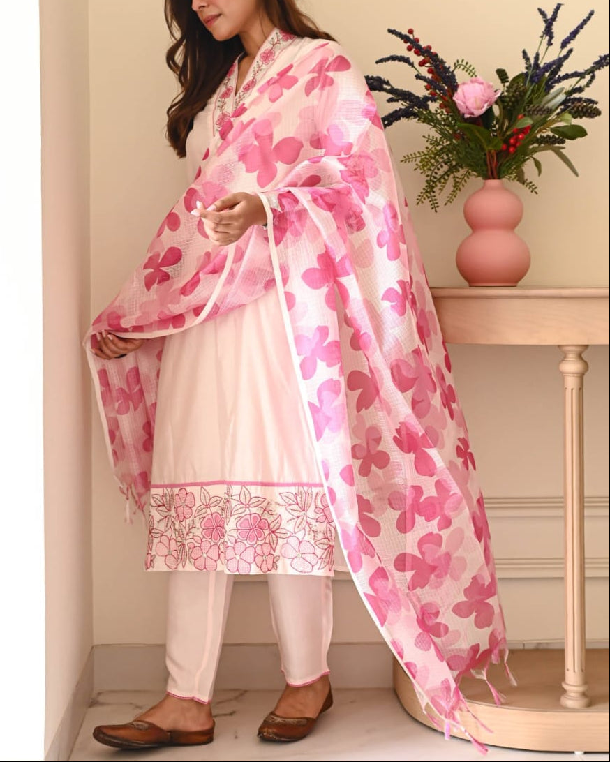 Gorgeous Pink Cotton Kurta Set With Printed Dupatta