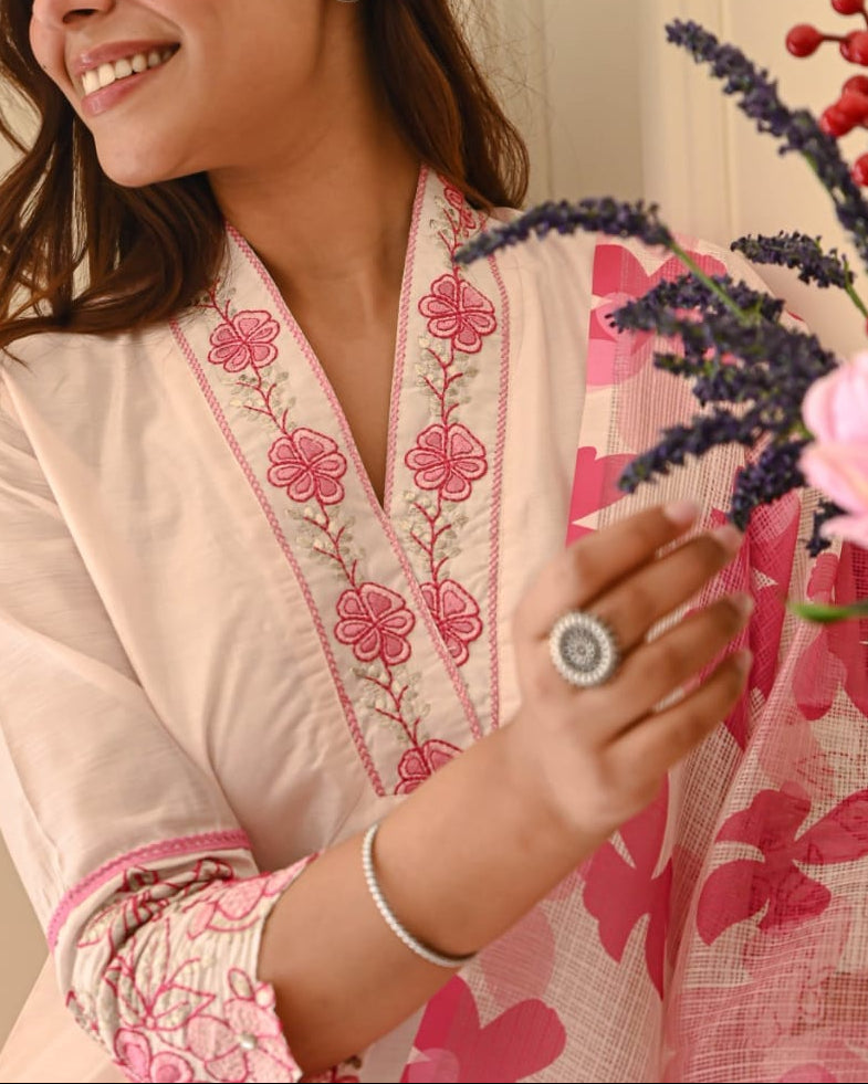 Gorgeous Pink Cotton Kurta Set With Printed Dupatta