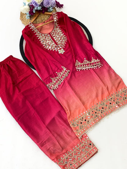 Festive Special Chinon Mirror Work Ombre Co-ord Set