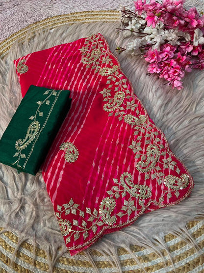 Soft Georgette Leheriya Silk Saree With Pittawork