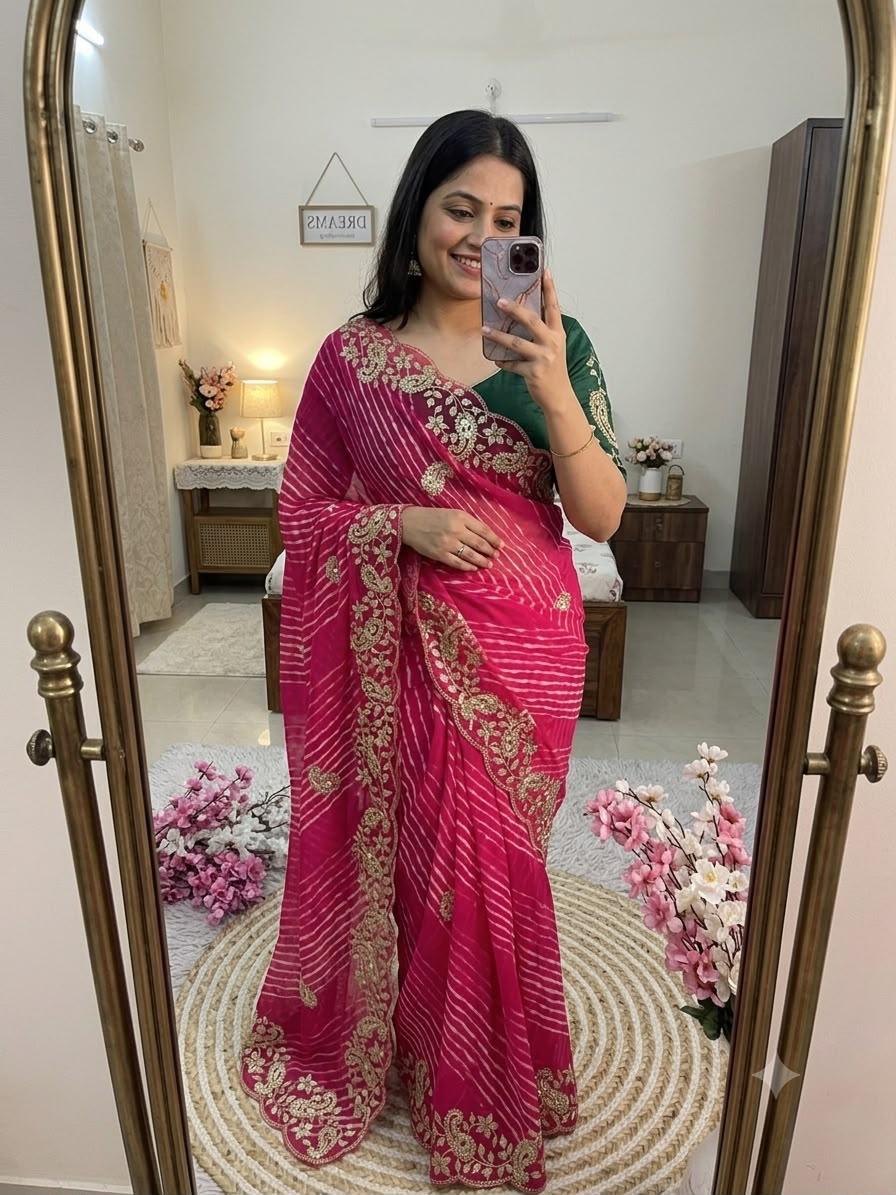 Soft Georgette Leheriya Silk Saree With Pittawork