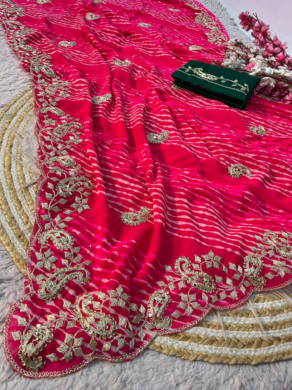 Soft Georgette Leheriya Silk Saree With Pittawork