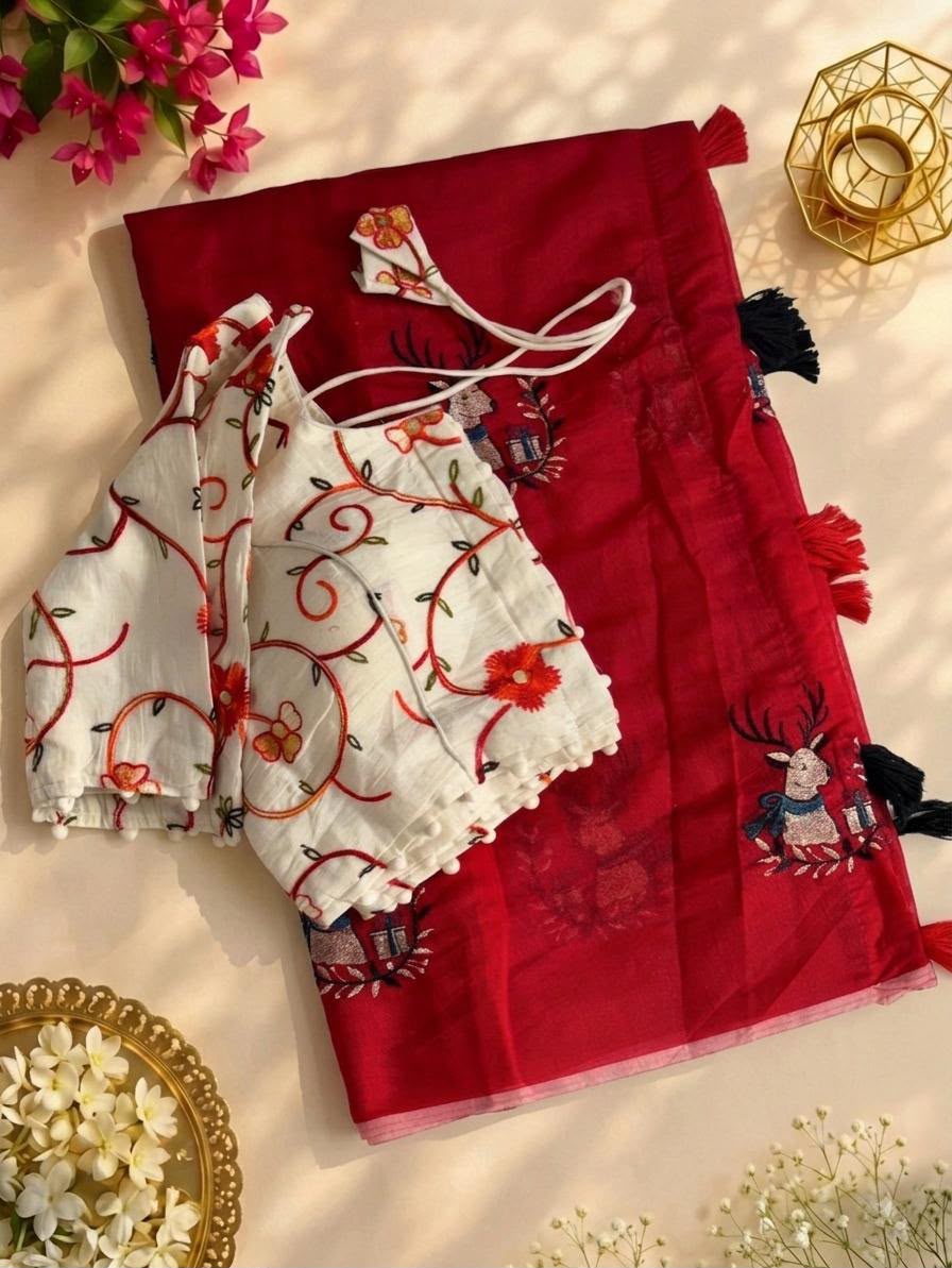 Chic Animal Embroidered Chanderi Silk Saree
