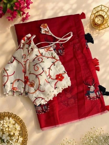 Chic Animal Embroidered Chanderi Silk Saree