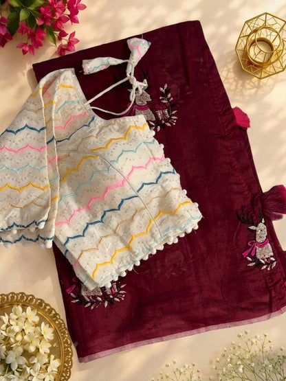 Chic Animal Embroidered Chanderi Silk Saree