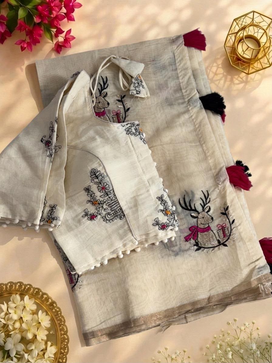 Chic Animal Embroidered Chanderi Silk Saree