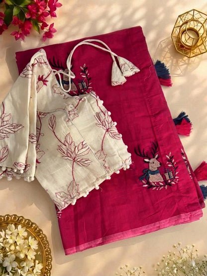 Chic Animal Embroidered Chanderi Silk Saree