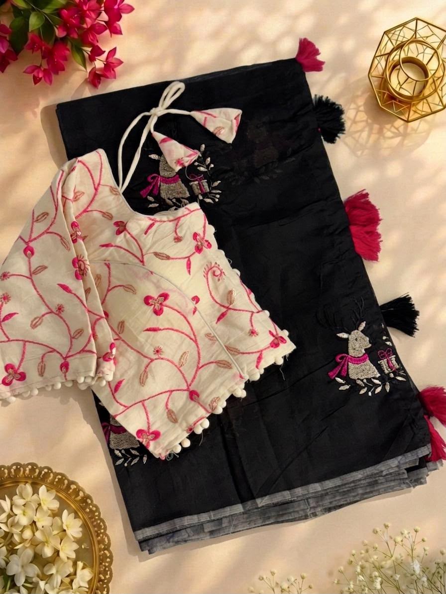 Chic Animal Embroidered Chanderi Silk Saree